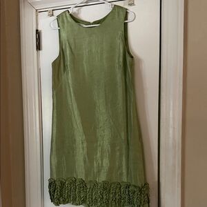London Times Olive Green Sleeveless Shift Dress with Ruffled Hem